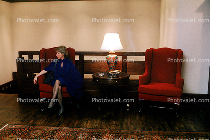 waiting room, lobby, reception, woman, lamp, chairs, 1980s