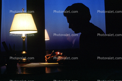 Staying late at the Office, desk, lamp, lampshade, evening, businessman, 1980s