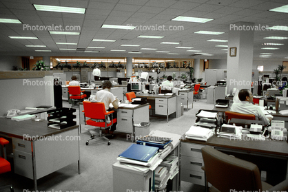 cluttered open office, cubicles, paper, computers, desks, in-out files, stacks, 23 August 1985, 1980s