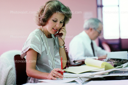 Business Woman, Paper Stacks, paperwork, documents, paperless, phone, bureaucracy, piles, 1980s
