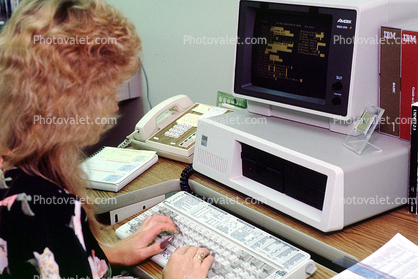IBM Computer, Business Woman, paperwork, documents, Phone, keyboard, hands, hair, 1985, 1980s