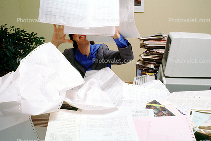 Business Woman, Secretary, paper, paperwork, Records, Women, bureaucracy, archive, clutter, documents, overwhelmed, worker, IBM Computer, stacks, piles, desk