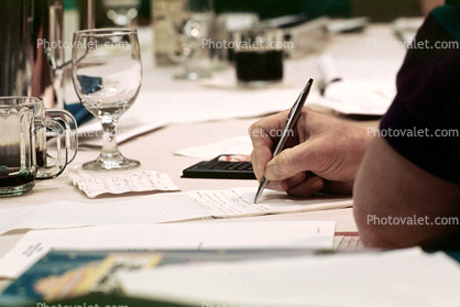 meeting, meet, table, water glass, pen, hand, writing, note taking
