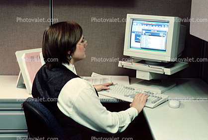 Business Woman, desk, computer, desktop, monitor, keyboard