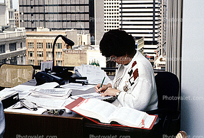 Woman, desk, paperwork, paper stacks, pile, 1990's