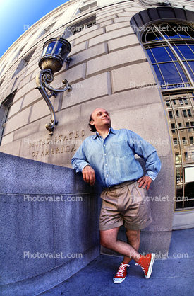 Man, Shorts, red shoes, building, casual, businessman