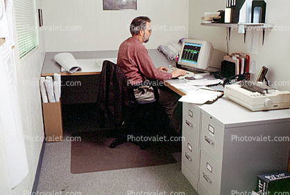 Man, beard, keyboard, monitor, office, desk, table, Blueprints, blue prints, computer, printer, businessman