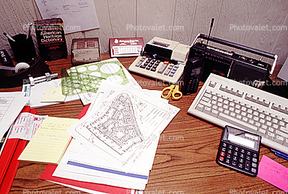 calculator, keyboard, radio, clutter, radio, cordless phone, desk, paperwork