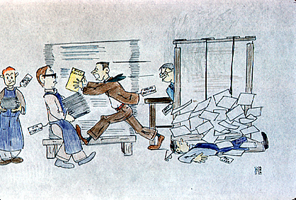 Man Running in Office, cartoon, Architectural Drawings, Rendering, Paper Stacks, paperwork, bureaucracy, piles, archive, clutter, documents, paperless, businessman
