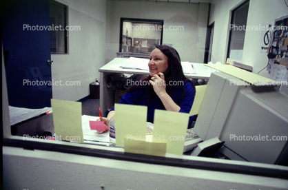 Woman, CRT, Monitor, cubicle