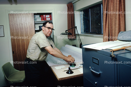 Man, desk, drafting table, office, businessman, 1950s