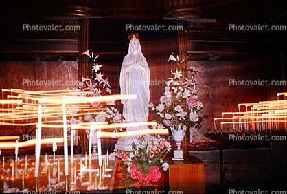 Virgin Mary Statue, Praying, Candles, Altar, Flowers, La Madeleine Church
