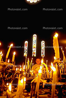 Priest, crooked Candles, Stained Glass, Sacre Coeur Basilica