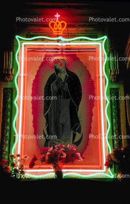 Mother Mary artwork, Neon Lights frame, Crown, Morelia, Michoacan