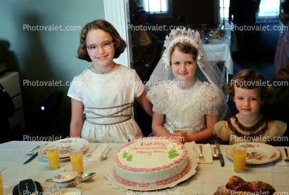 Girl with Cake, plates, First Holy Communion, Party, 1950s