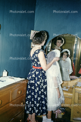 Mother, Daughter, Father, girl, dress, formal, First Holy Communion, 1940s