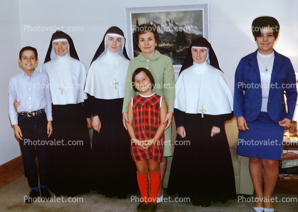 Nuns Sitting, Christian Cross, smiles, women, couch, First Holy Communion, Catholic, 1950s