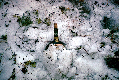 Wine Bottle in Snow, Cold, Ice, Frozen, Icy, Winter