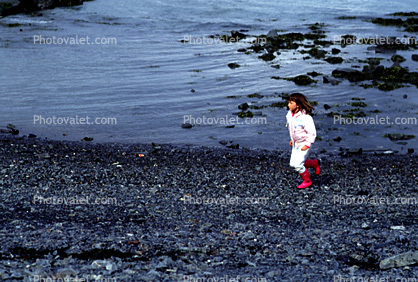 Girl, Pebbles, Water, Beach, Running