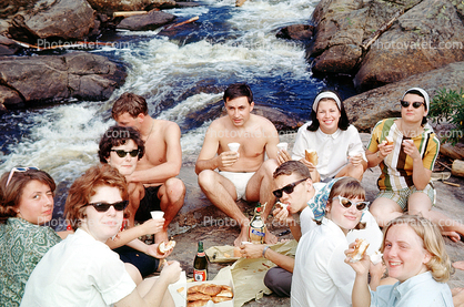 Lunch Time, Happy Campers, Men, Women, cateye glasses, eating, Croissant, 1960s