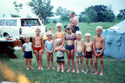 Children at Campground, smiles, boys, girls, Ford Station Wagon, 1960s