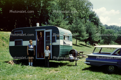 Trailer, 1960 Chevy Impala Station Wagon, campsite, children, July 1961, 1960s