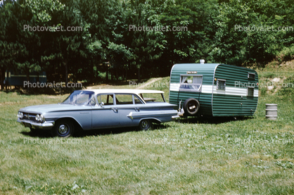 Trailer, 1960 Chevy Impala Station Wagon, Chevrolet, campsite, July 1961, 1960s