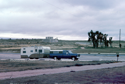 Mallard Camper Trailer, Pick Up Truck, Fort Laramie national Monument, Wyoming, September 1980
