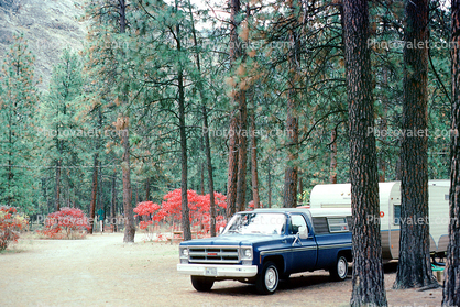 Campsite, Mallard Camper Trailer, pickup truck, Chevy, Forest, Trees, Penticton, September 1983, 1980s