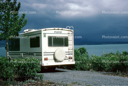 FLAIR Motorhome, water, lake, Kluane Lake Yukon, July 1993