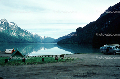 Lake, van, canoe, tent, mountains, reflection, Haines Alaska, 1950s