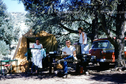 Tent, Man, Woman, Ford, Forest, July 1960, 1960s