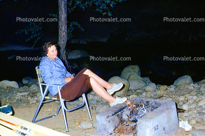 Fire Pit, Campfire, Woman, Sitting, Pensive, April 1962, 1960s