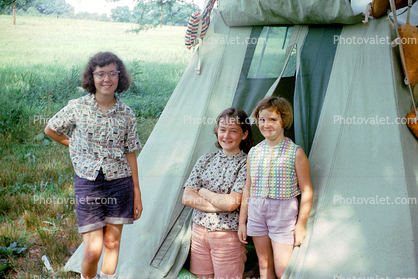 Girls, Camping, Tent, smiling, cateye glasses, June 1964, 1960s