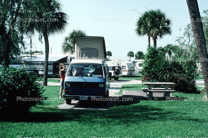 Volkswagen Van, Camper, trailer park, picnic bench