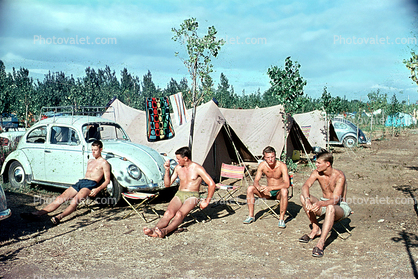 Men, Guys, Volkswagen, VW-Beetle, VW-Bug, Sunburn, Shirtless, Sitting, Tents, 1960s