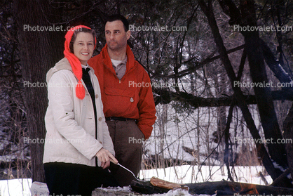 Steak BBQ, Husband and Wife, Couple, Cold, Forest, January 1964, 1960s