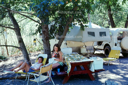 Girl, Woman, Campsite, Picnic Table, Dog, Lake Almanor California, July 1971, 1970s