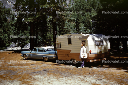 Vintage Shasta Trailer, Campsite, 1957 Plymouth Belvedere, car, fins, June 1962, 1960s
