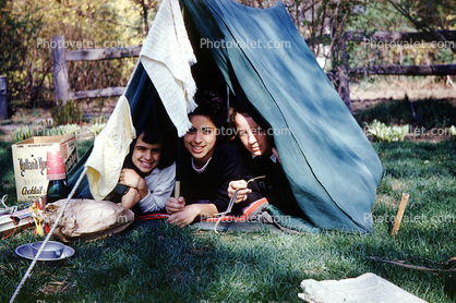 Backyard Camping, Tent, girls, June 1962, 1960s