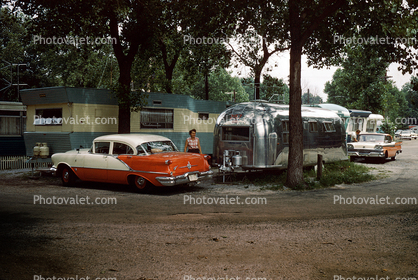 1956 Oldsmobile Super 88, 4-door, Ford Fairlane, Airstream trailer, 1950s