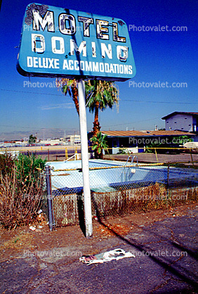 Motel Domino, Deluxe Accommodations, sign, signage