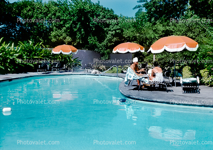 Swimming Pool, Poolside, Water, Exterior, Outside, Empty, Parasol, Umbrella, 1960s