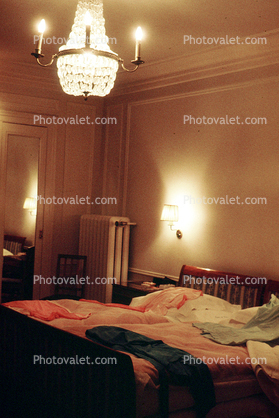 Bed, Room, Steam Room Heater, chandelier, Sheets, lights, nighttime, Bellevue Palace Hotel, Bern Switzerland, 1960s