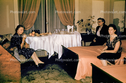 Hotel Room Party, food, coke bottles, beds, women, 1940s