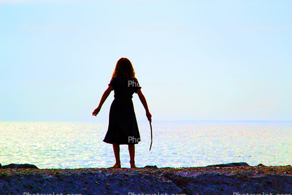 Girl Contemplating the Distance, Ocean, dress, stick, Goat Rock State Beach, Pacific