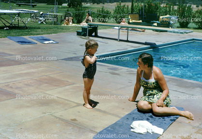 Mother, Daughter, poolside, eiving board, Christine, Ojai California, Ventura County, 1949, 1940s