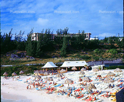 Beach, sand, parasol, South Hampton, Bermuda, 1976, 1970s