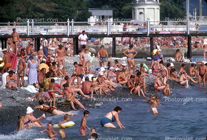Peole wading in the Water, Crowds, Sochi Russia, 1980s