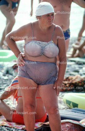 Big Lady stands on the Beach in Sochi, 1980s